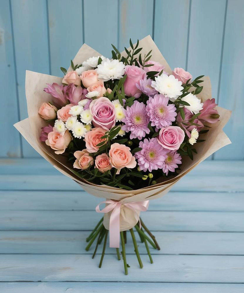 Букет цветов из: Хризантемы, Розы и Альстромерии в Новой Ляле