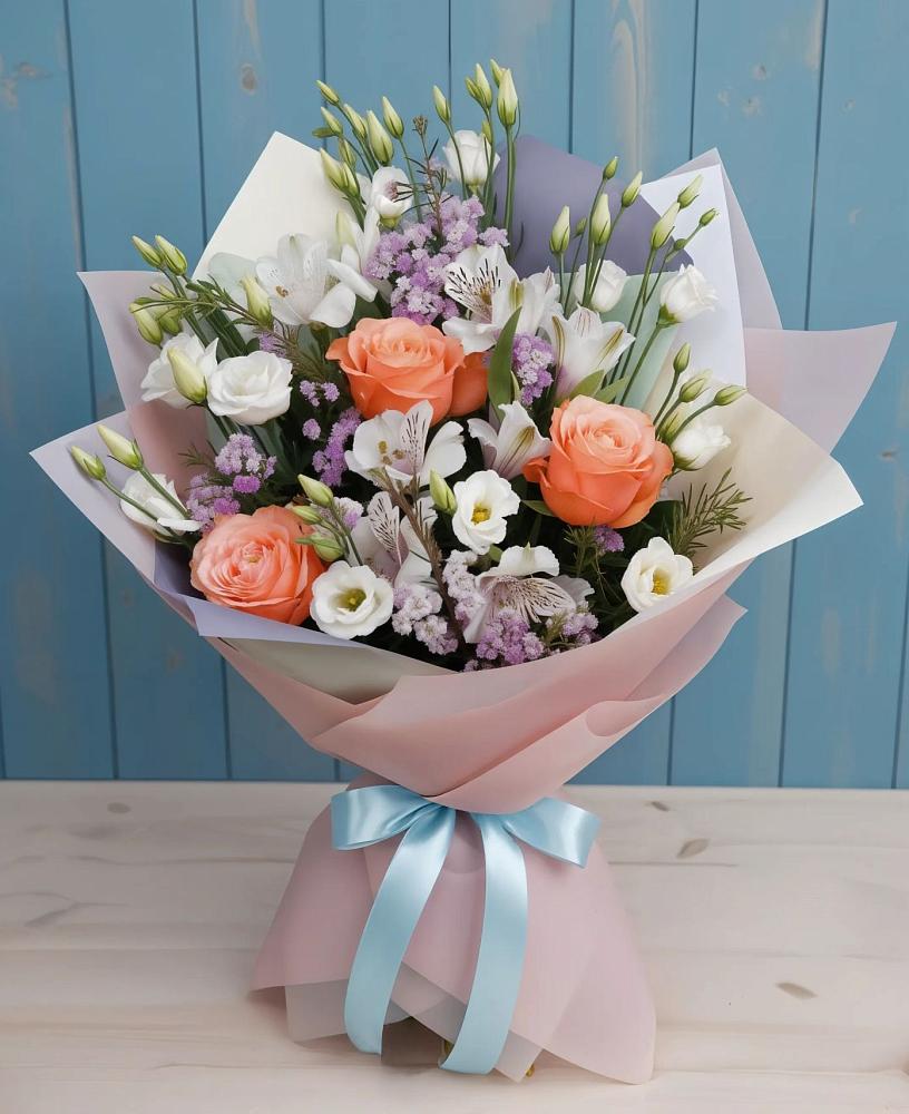 Букет цветов из: Лизиантусы, Розы, Альстромерии и Гипсофила в Новой Ляле