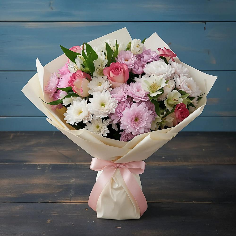 Букет цветов из: Хризантемы, Альстромерии и Розы в Новой Ляле